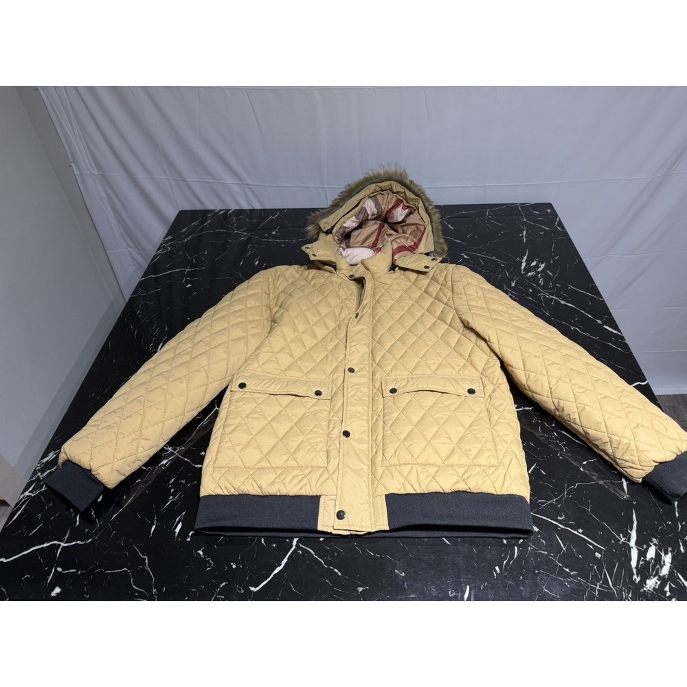 Puffer Hoodie Mens Coat Jacket Diamond Quilted Plaid Removable Furry Hood Zip Up